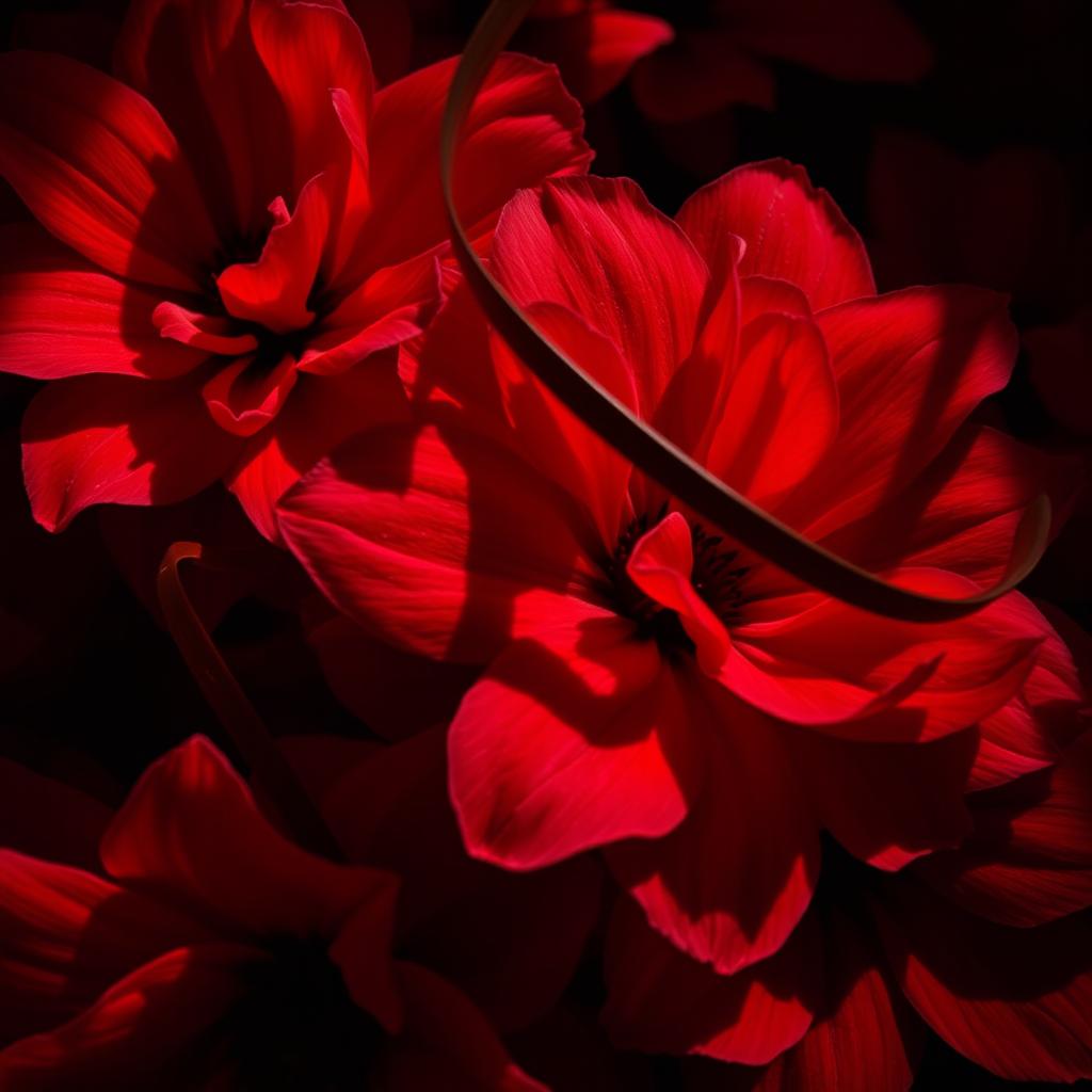 A captivating close-up of vibrant red flowers interwoven with twisting dark shadows, creating a sense of mystery and allure