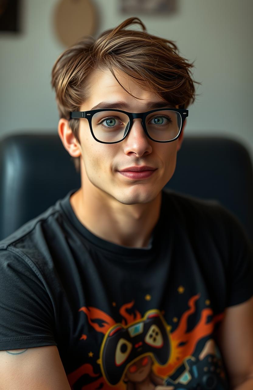 A tall 29-year-old man with medium chestnut brown hair styled in a slightly messy fashion, showcasing a nice muscular tone without being too skinny