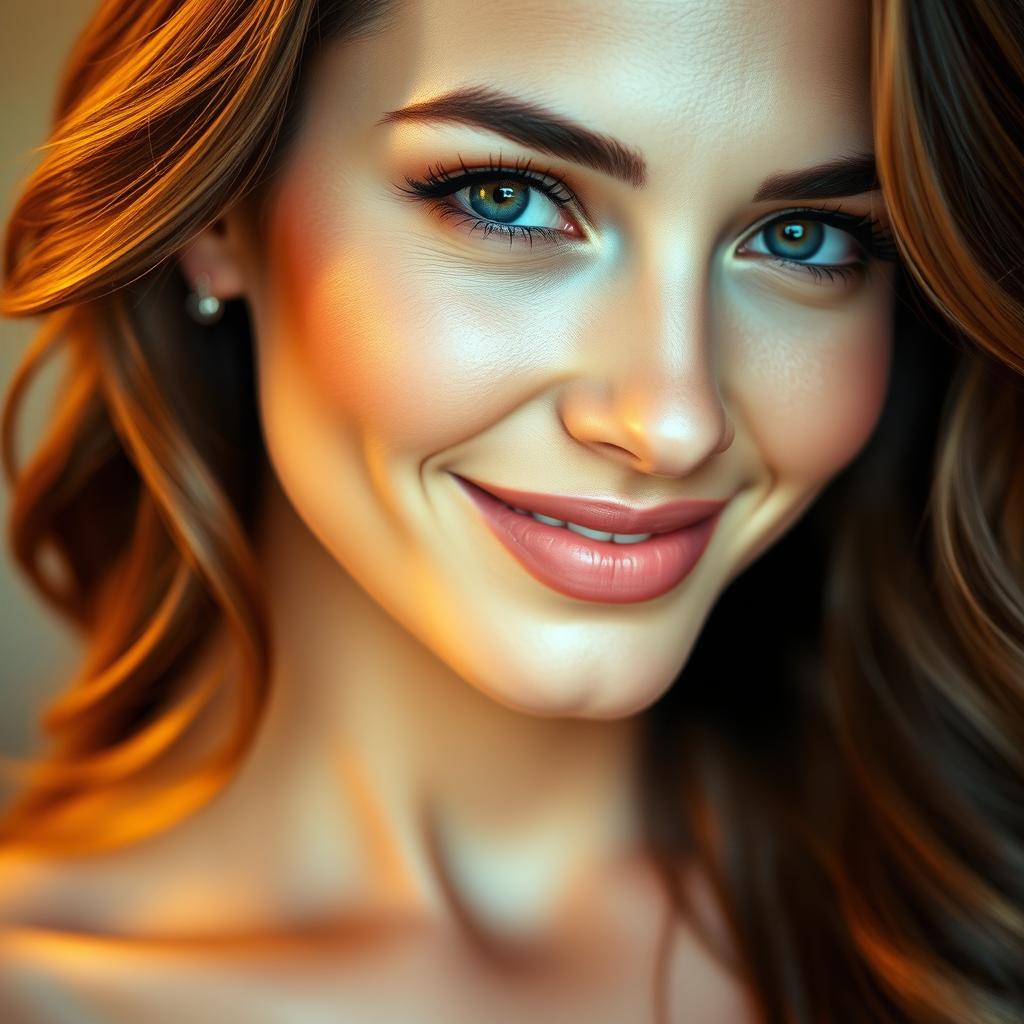 A close-up of a beautiful woman's face with striking features, her lips slightly parted in a soft smile