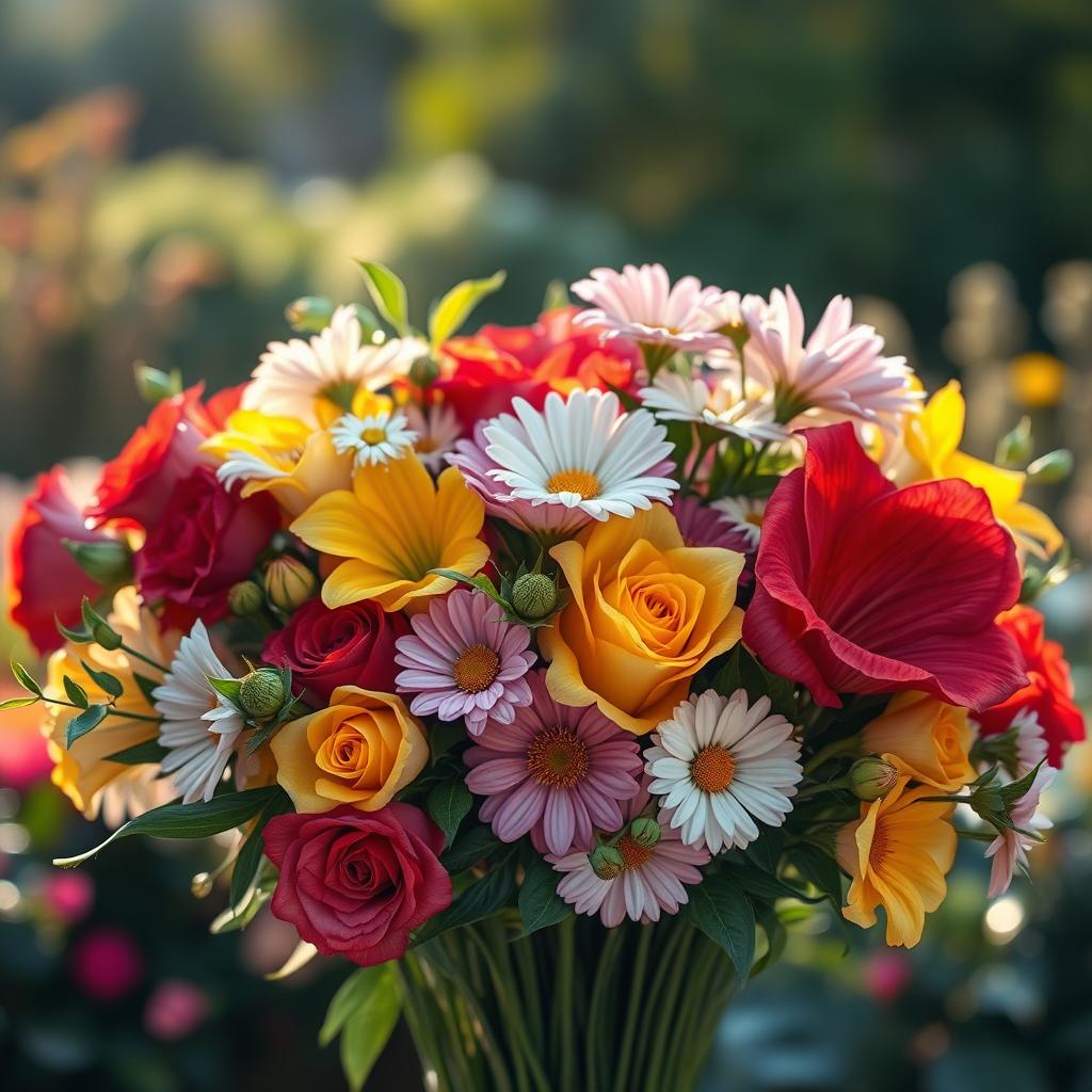 A mesmerizing arrangement of flowers artistically twisted together, showcasing a variety of blooms such as roses, lilies, and daisies