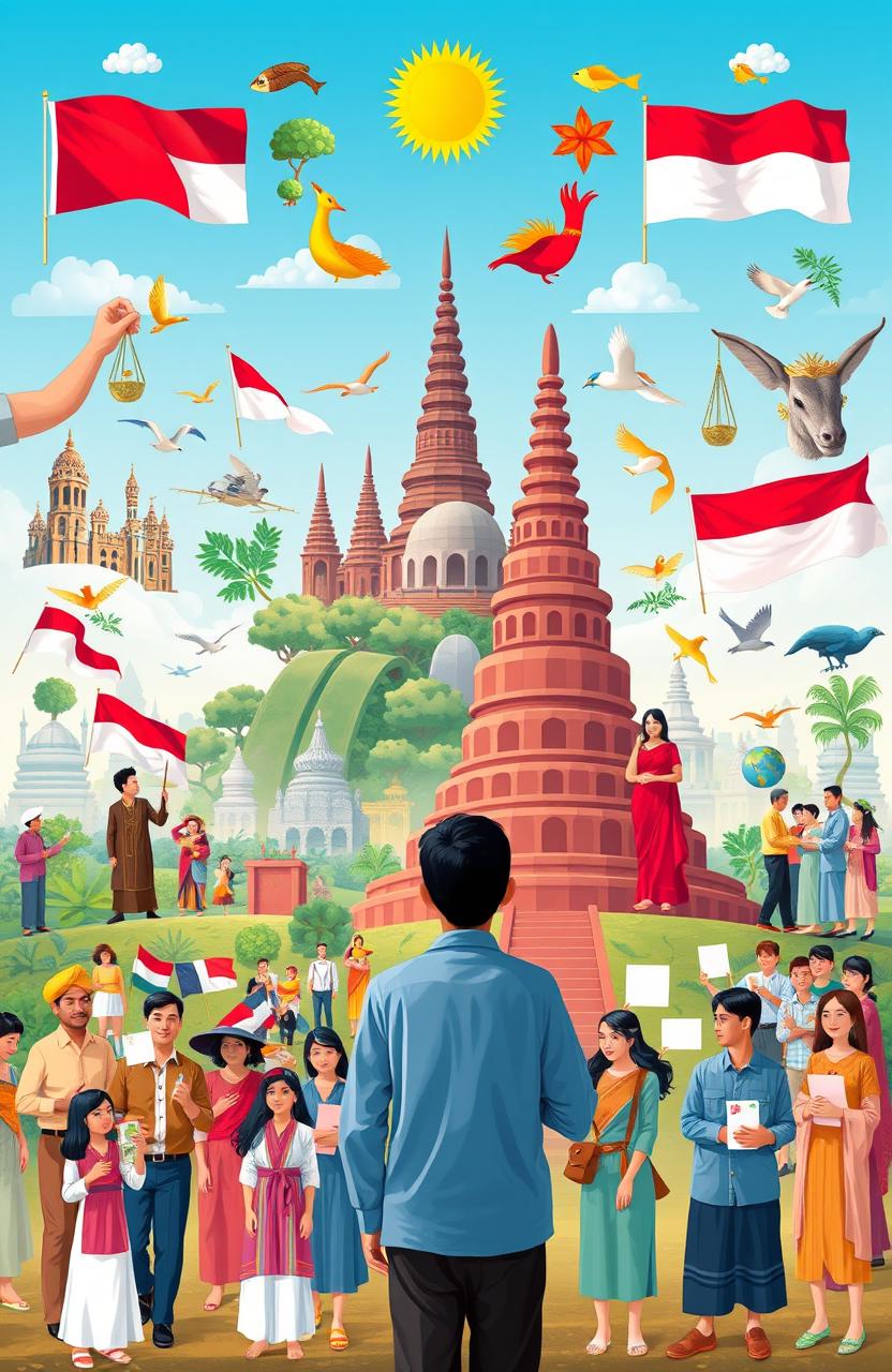 A comprehensive illustration of the rights and obligations of the Indonesian state, featuring symbols of justice, democracy, and social responsibility