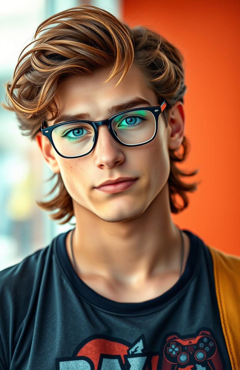 A tall 29-year-old man with medium wavy chestnut brown hair and a well-defined muscle tone, exuding a unique blend of nerdiness and attractiveness