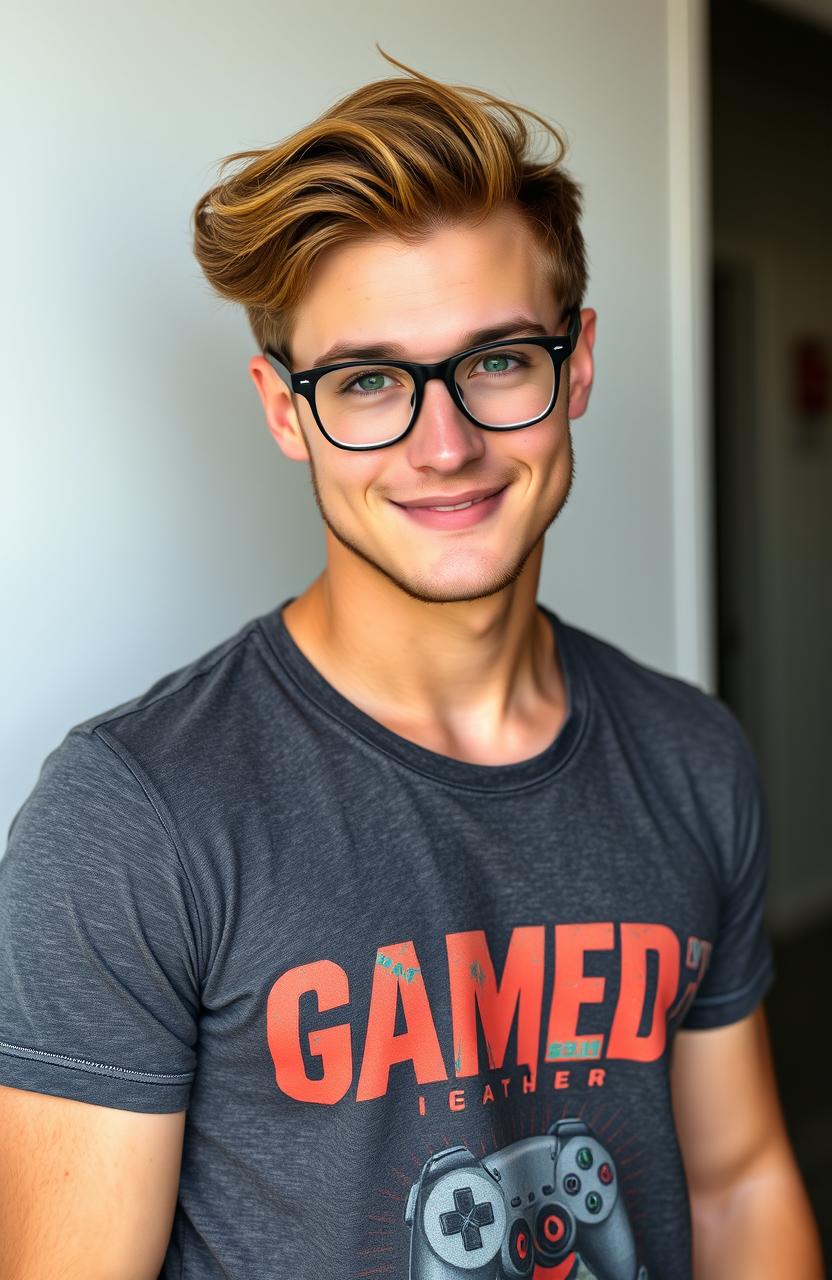 A tall 29-year-old man with medium wavy chestnut brown hair and a nice muscle tone, not too skinny