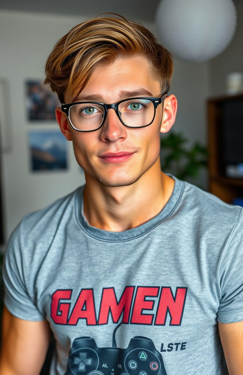 A tall 29-year-old man with medium chestnut brown hair, attractive muscle tone, and beautiful emerald green eyes