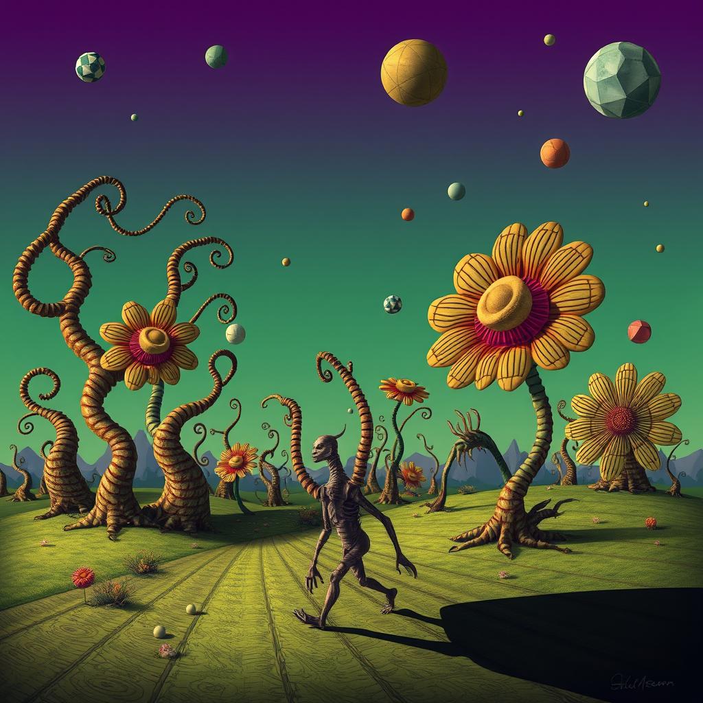 A surreal and twisted landscape, featuring bizarre, elongated trees with spiraling branches and oversized, colorful flowers with intricate patterns