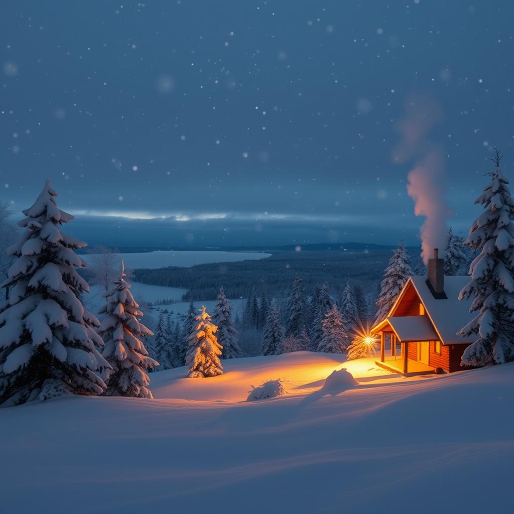 A serene winter landscape blanketed in soft, fluffy snowflakes falling gently from the sky