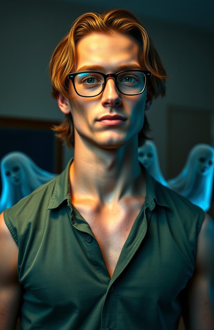 A tall 29-year-old man with medium-length chestnut brown hair, showcasing a nice muscle tone, standing confidently