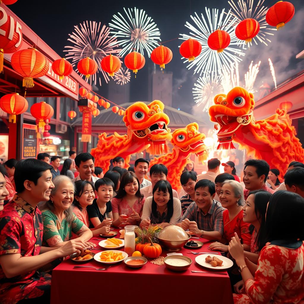A vibrant and festive scene celebrating Chinese New Year 2025 in Malaysia, featuring a diverse group of people joyfully participating in traditional celebrations