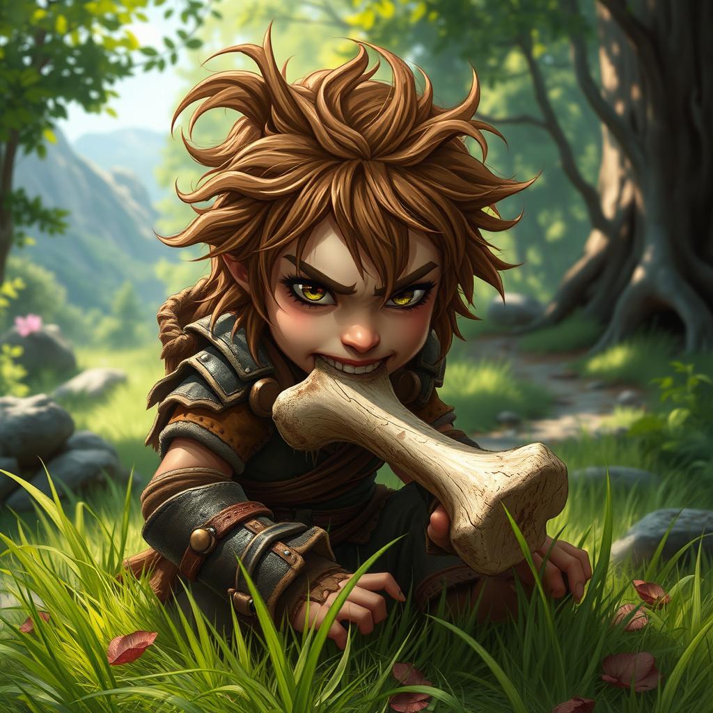 A female feral brown-headed halfling fighter, displaying a rugged and adventurous appearance, is depicted in a lively forest setting