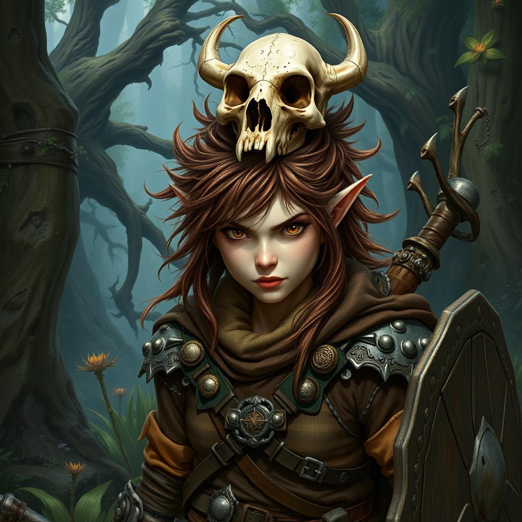 A female feral brown-haired halfling fighter, with wild and untamed hair, proudly wearing a skull on top of her head as a trophy