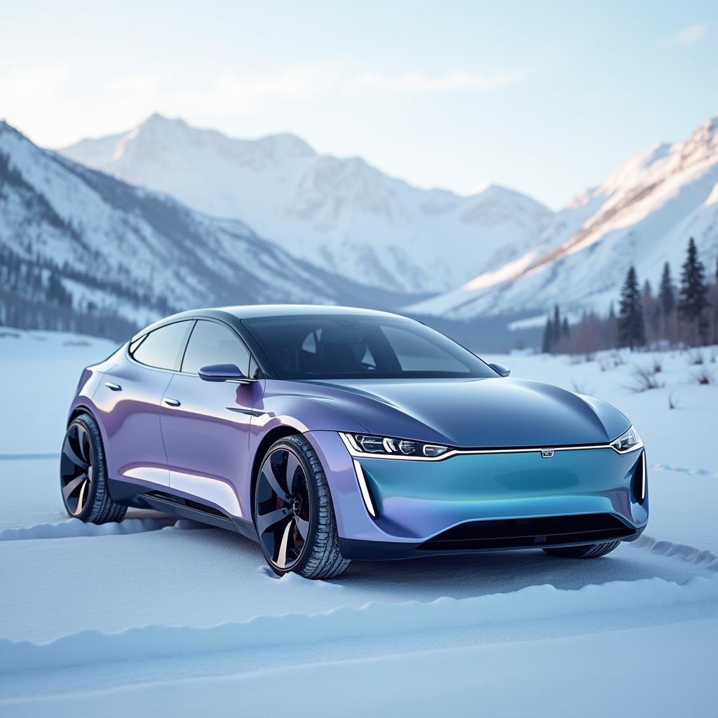 A unique electric sedan with a shortened hood, designed in a hyper-realistic style that features a fashionable look with smooth lines in a metallic blend of light blue and purple tones