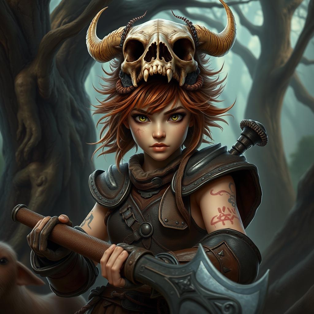 A female feral brown-haired halfling fighter, with wild and untamed hair, wearing a menacing skull as a helmet that accentuates her fierce persona
