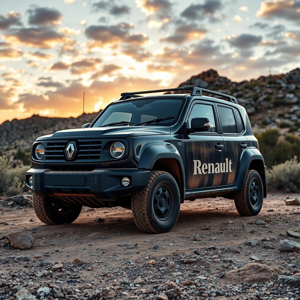 A black Renault 4 off-road vehicle parked on a rugged terrain, surrounded by rocky hills and sparse vegetation