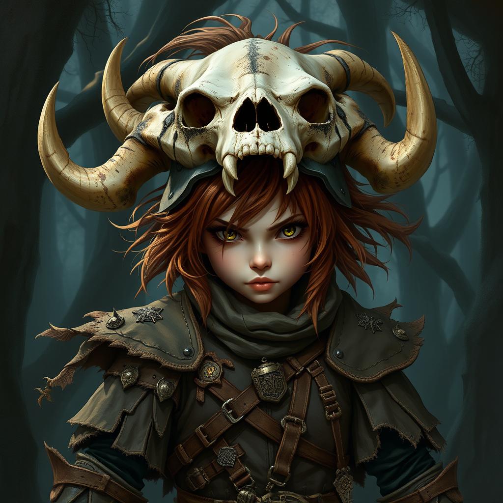 A female feral brown-haired halfling fighter, with wild and untamed hair, wearing an oversized skull as a helmet, which creates a dramatic and intimidating look