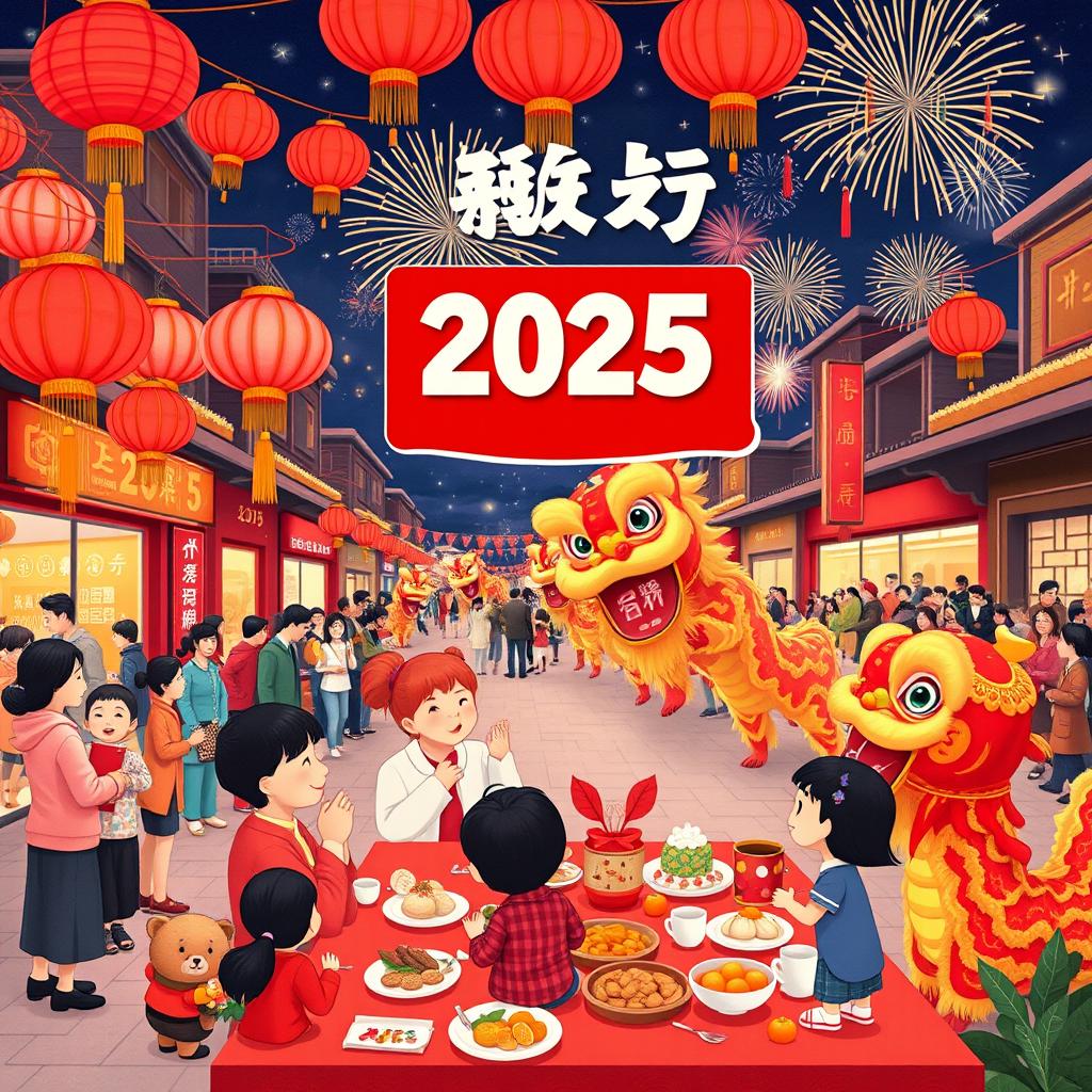 A vibrant and festive scene celebrating Chinese New Year 2025, featuring a traditional red lanterns and spring couplets that symbolize good luck and happiness