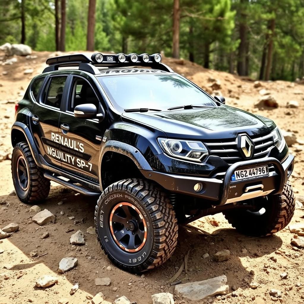 A rugged black Renault 4 SUV with high chassis and large 295/50R15 NK Utility SP-7 tires, placed in a natural off-road environment such as a rocky terrain or a forest trail