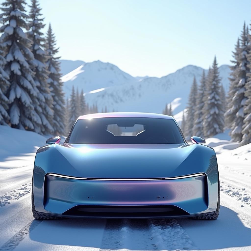 A unique electric sedan with a shortened hood, designed in a hyper-realistic style featuring fashionable and smooth lines in metallic light blue and purple tones