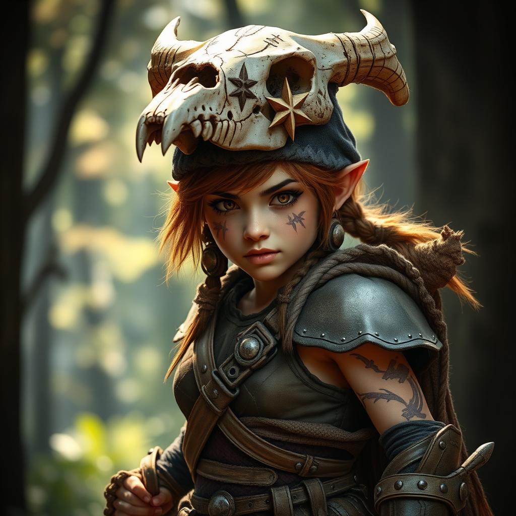 A fierce female feral brown-headed halfling fighter, exuding an aura of strength and determination