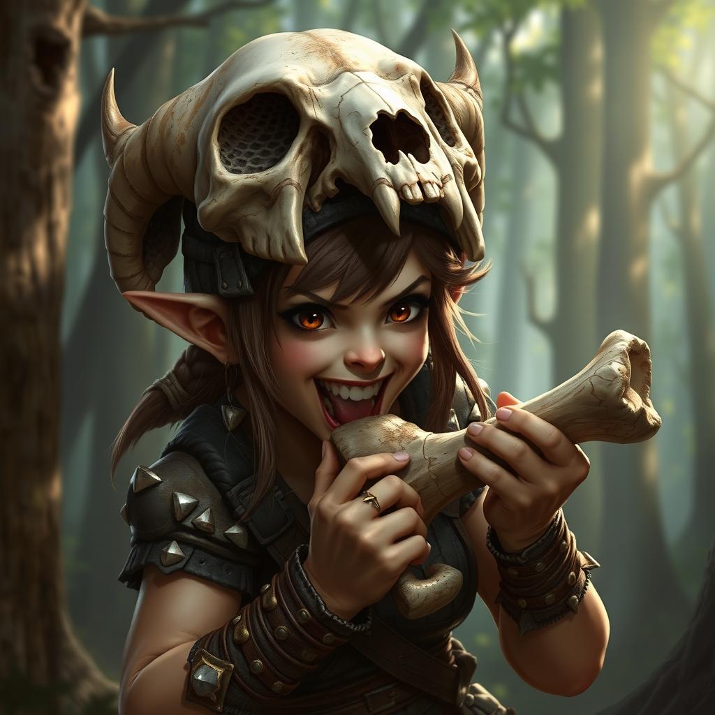 A female feral brown-headed halfling fighter, adorned with a large skull helmet that covers her forehead, suggesting a fierce warrior persona