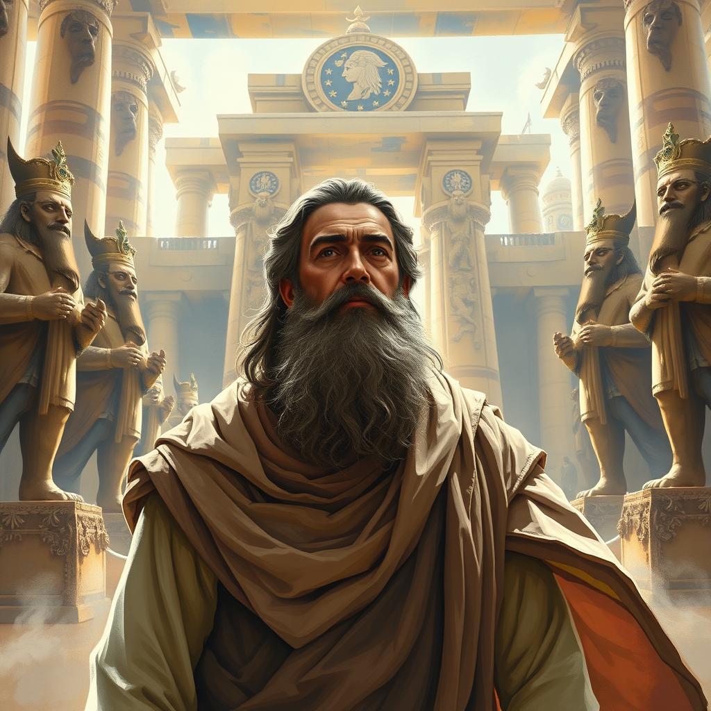 Prophet Ibrahim standing in a grand Babylonian temple, surrounded by towering idols