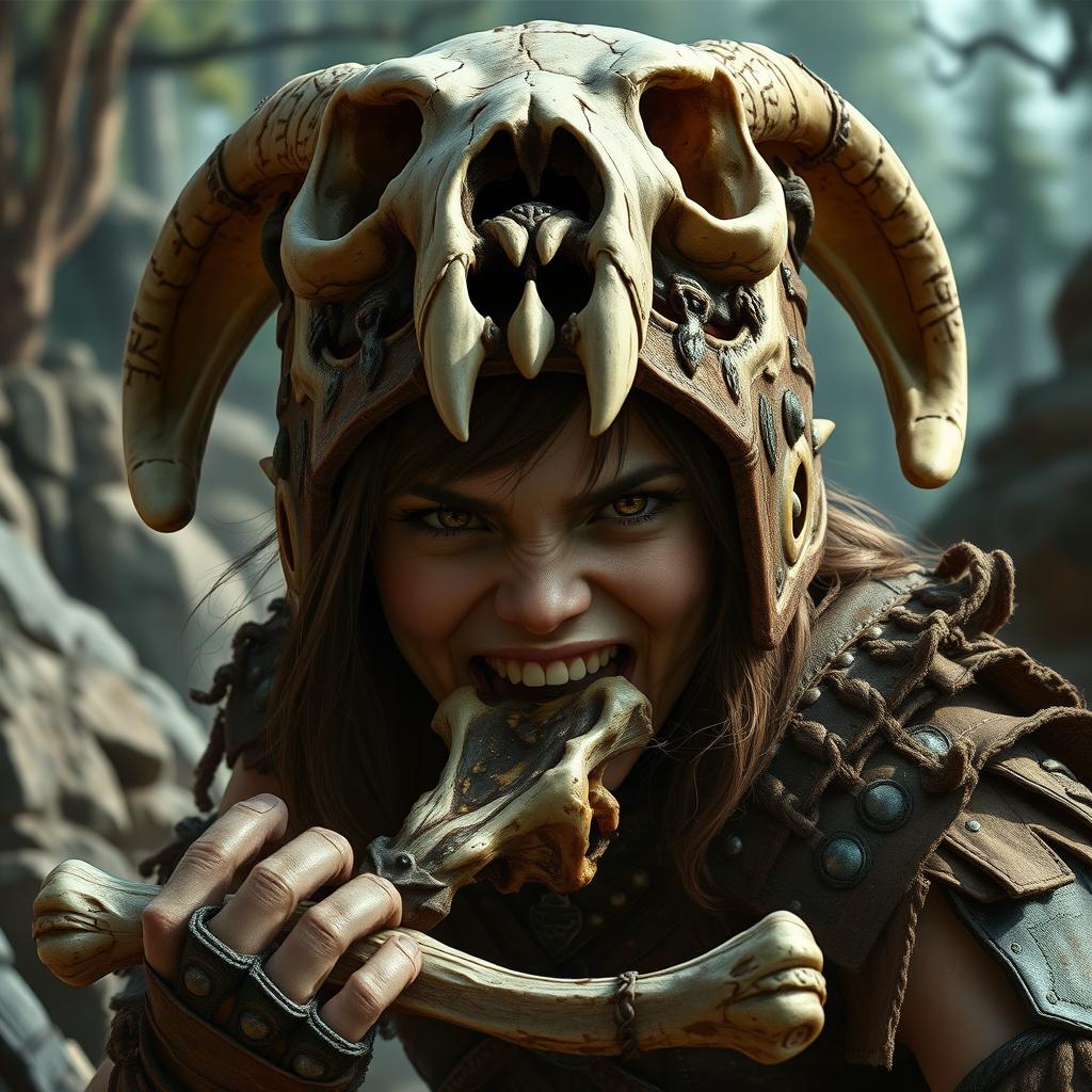 A female feral brown-headed halfling fighter, wearing a large, menacing skull as a helmet that covers her forehead
