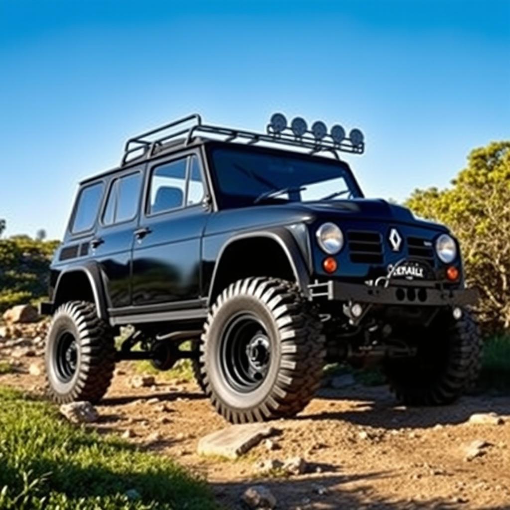 A rugged Renault 4 off-road vehicle, featuring high profile balloon tires and a sturdy elevated chassis