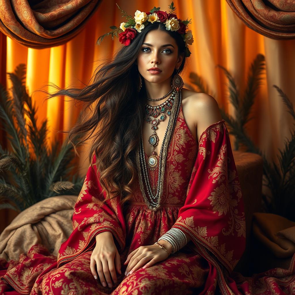 A stunning bohemian queen, elegantly posed in an opulent setting