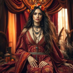 A stunning bohemian queen, elegantly posed in an opulent setting