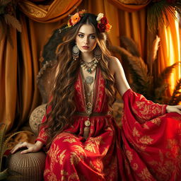 A stunning bohemian queen, elegantly posed in an opulent setting