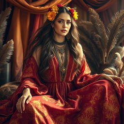 A stunning bohemian queen, elegantly posed in an opulent setting
