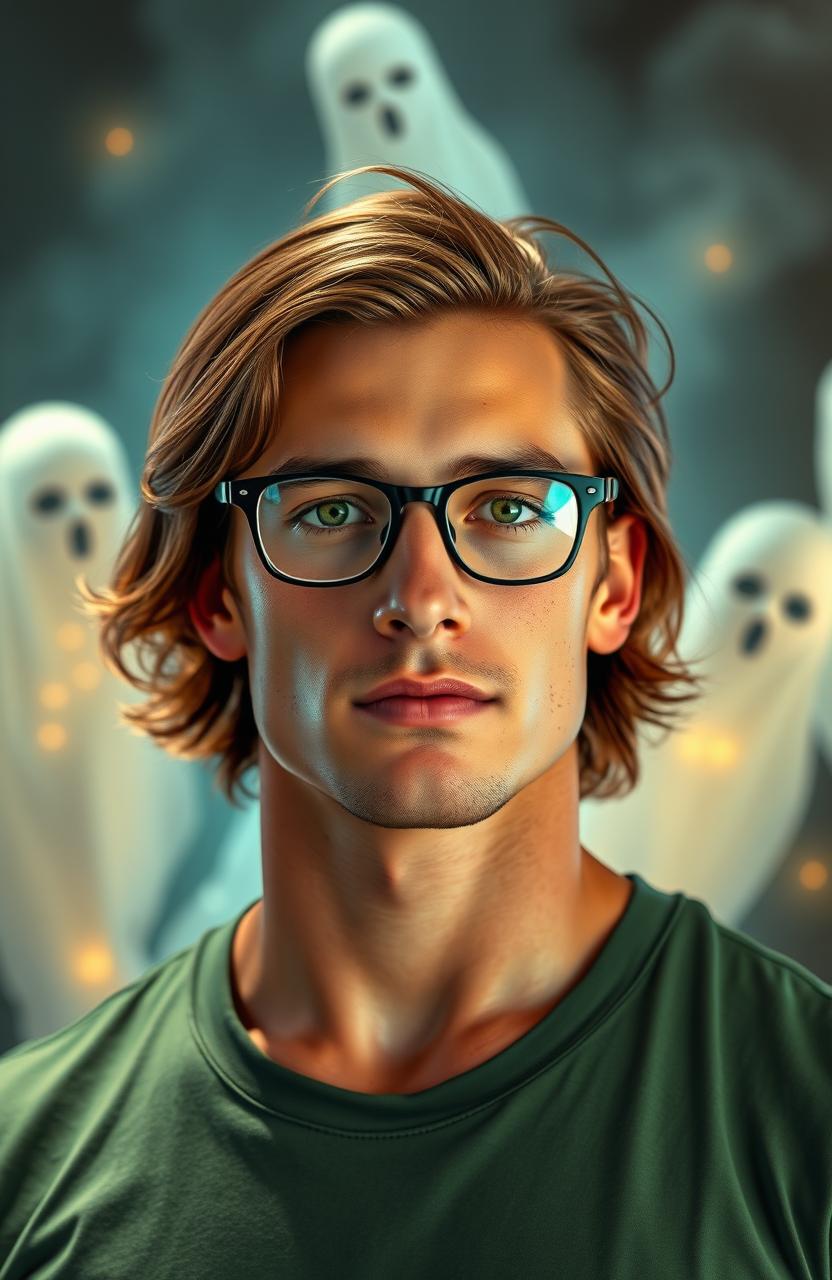 A tall 29-year-old man with medium-length chestnut brown hair, attractive muscle tone, and beautiful emerald green eyes