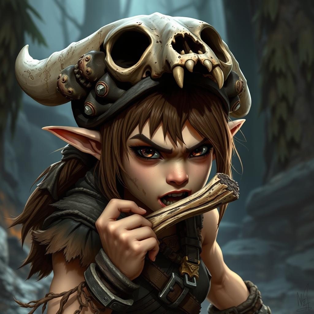 A female feral brown-headed halfling fighter, showcasing a rugged and fierce appearance