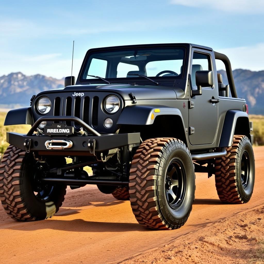 A rugged black matte Jeep Willys, featuring a powerful 6-cylinder engine, designed for off-road adventures