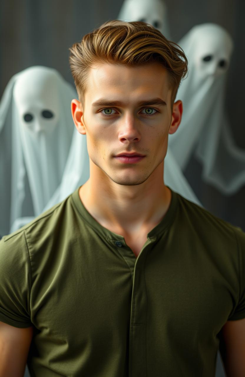 A tall 29-year-old man with medium-length chestnut brown hair and a well-defined muscle tone, standing confidently