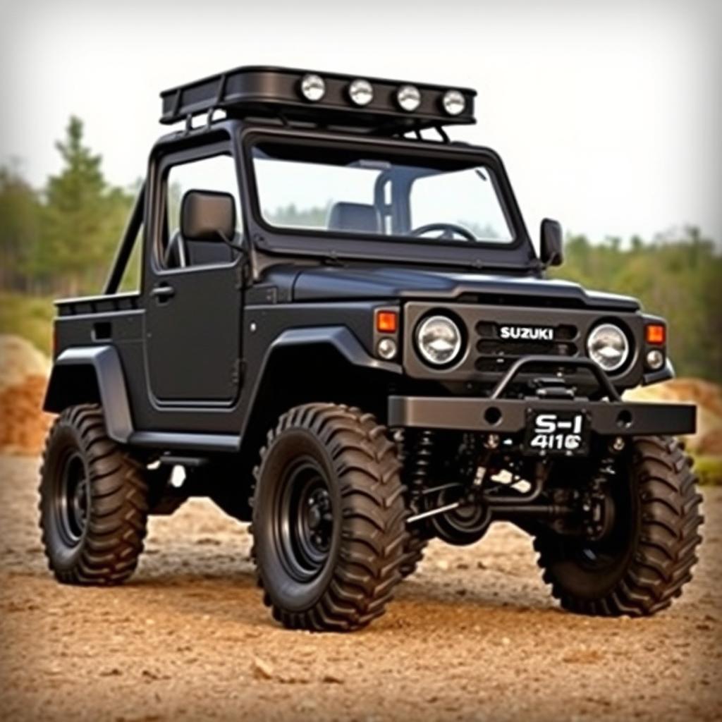 A Suzuki SJ 410 off-road vehicle, painted in matte black, showcasing its rugged and adventurous spirit