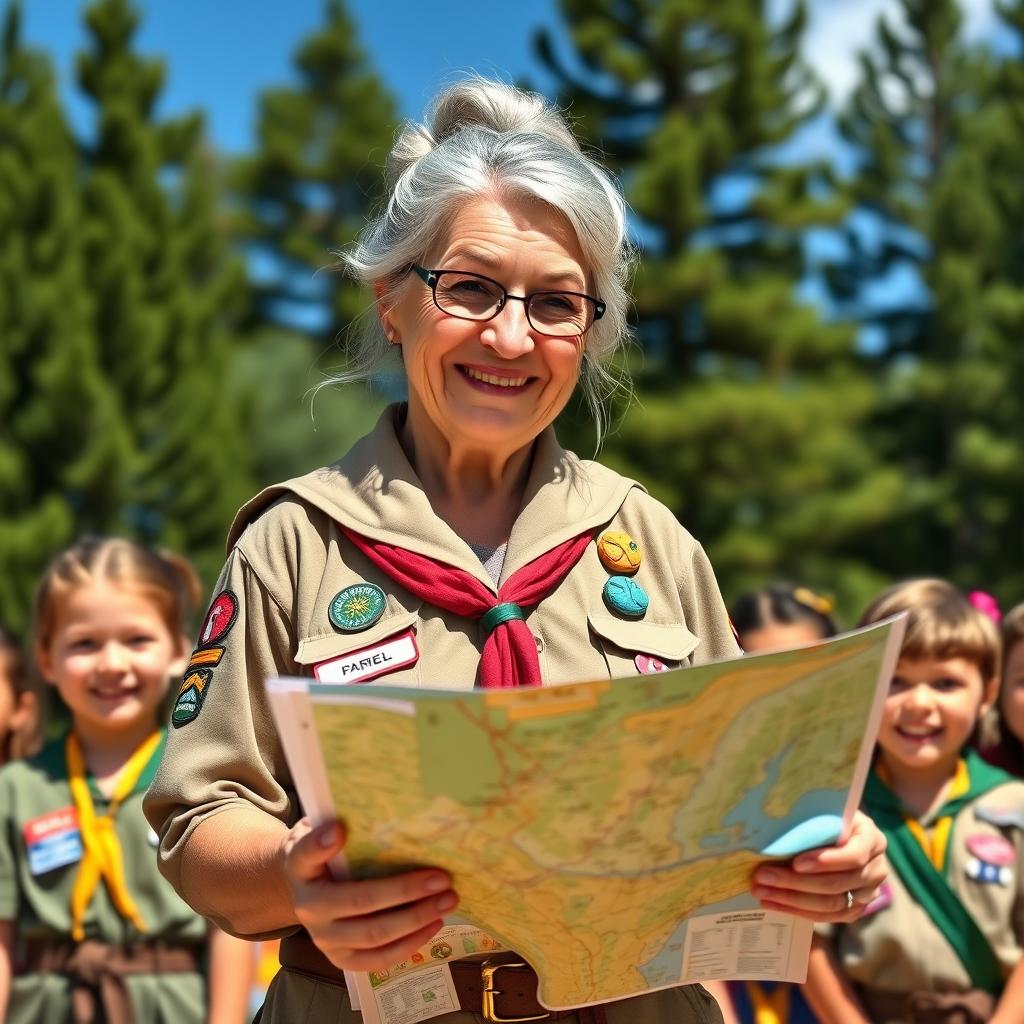 An elderly female dwarf girl scout leader in a vibrant outdoor setting, wearing a traditional girl scout uniform decorated with various badges and patches