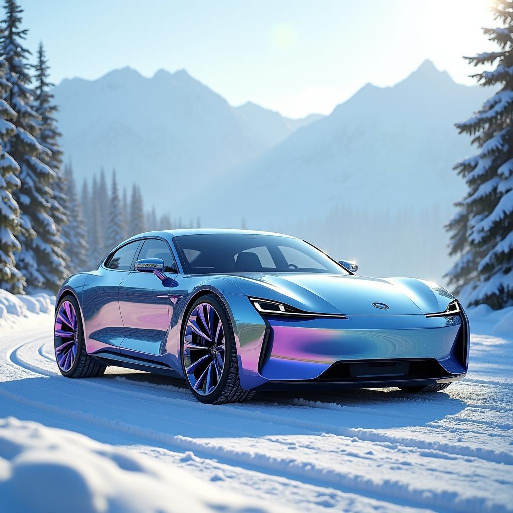 A unique sedan with a shortened hood featuring a hyper-realistic style and modern design