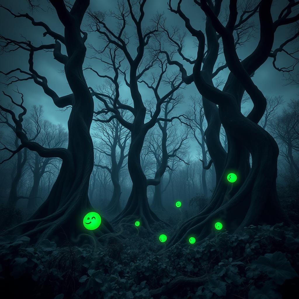 A dark, gothic forest shrouded in gloom, with towering twisted trees and an eerie atmosphere