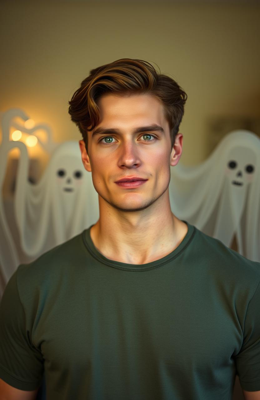 A tall 29-year-old man with medium-length chestnut brown hair and an athletic build, showcasing nice muscle tone