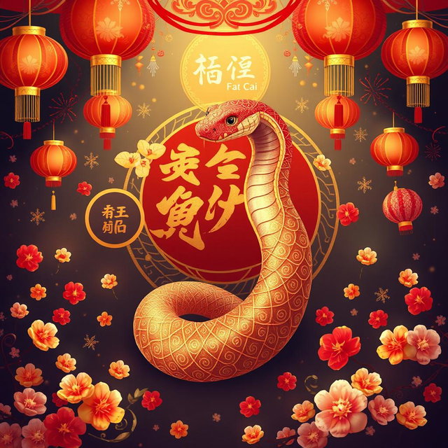 A vibrant and festive illustration of the Chinese New Year celebration, focusing on the Year of the Snake, depicting traditional decorations with red lanterns, gold and red color scheme symbolizing prosperity and good luck