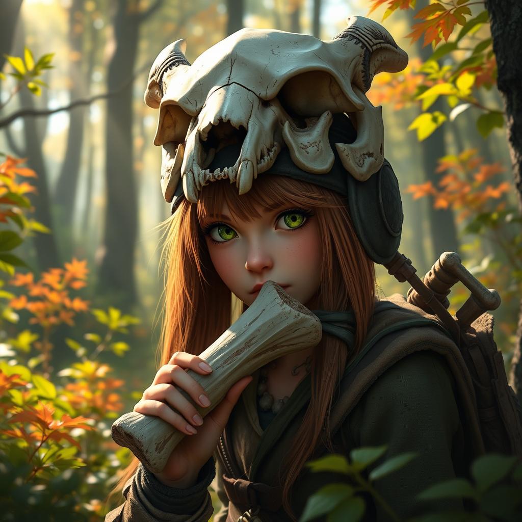 A female feral brown-haired halfling ranger with striking green eyes