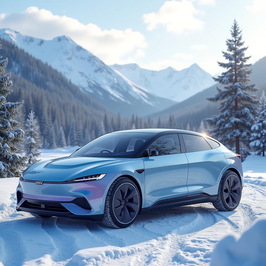 A unique electric sedan featuring a shortened hood, designed with a fashionable look and clear lines in glossy metallic light blue and purple tones