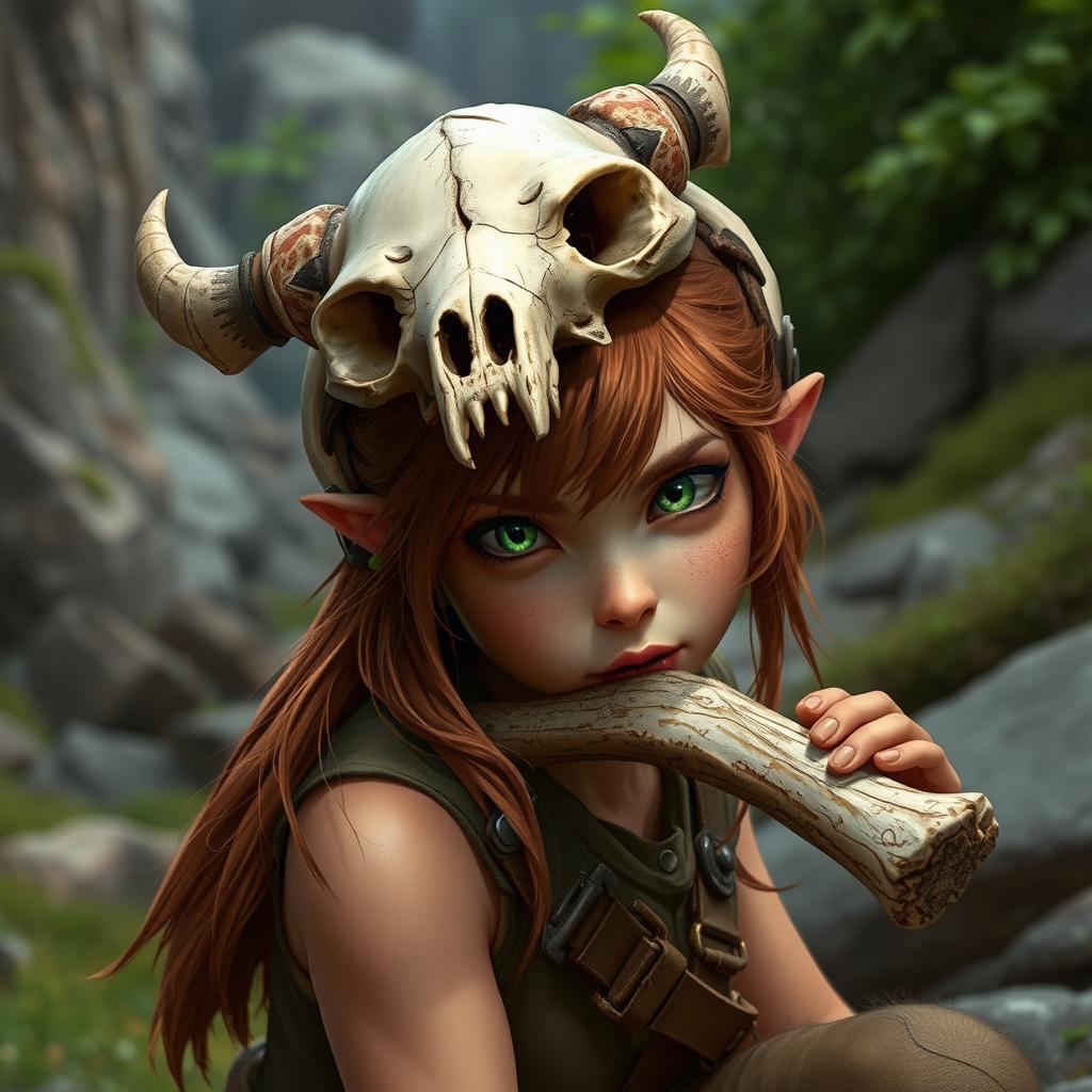 A female feral brown-haired halfling ranger with striking green eyes