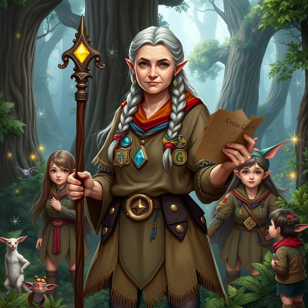 An elderly female dwarf girl scout leader in a Dungeons & Dragons fantasy art style, standing confidently in a lush enchanted forest