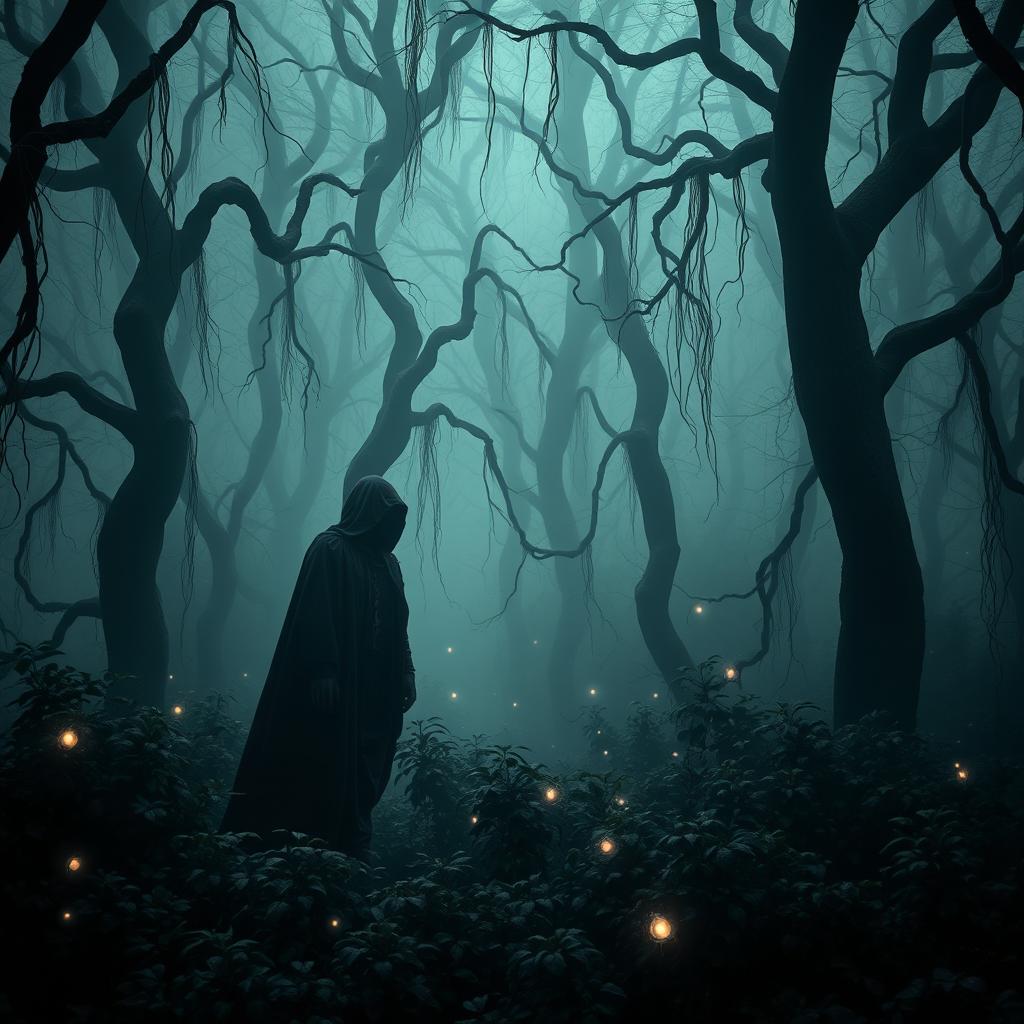 A mystical gothic forest scene filled with dark, twisted trees and ethereal mist