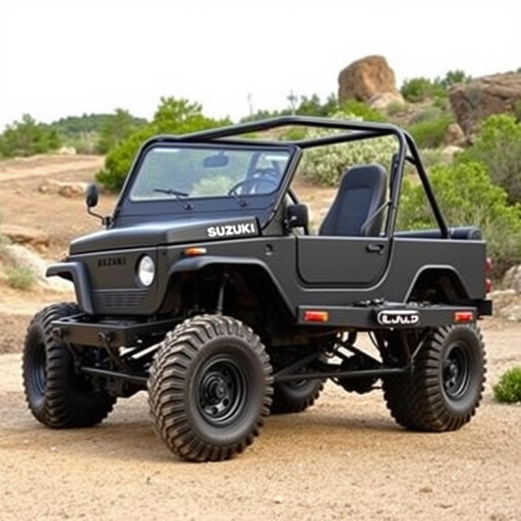A black matte Suzuki LJ10 from the 1970s, designed for off-road use, featuring a high chassis and bold balloon tires