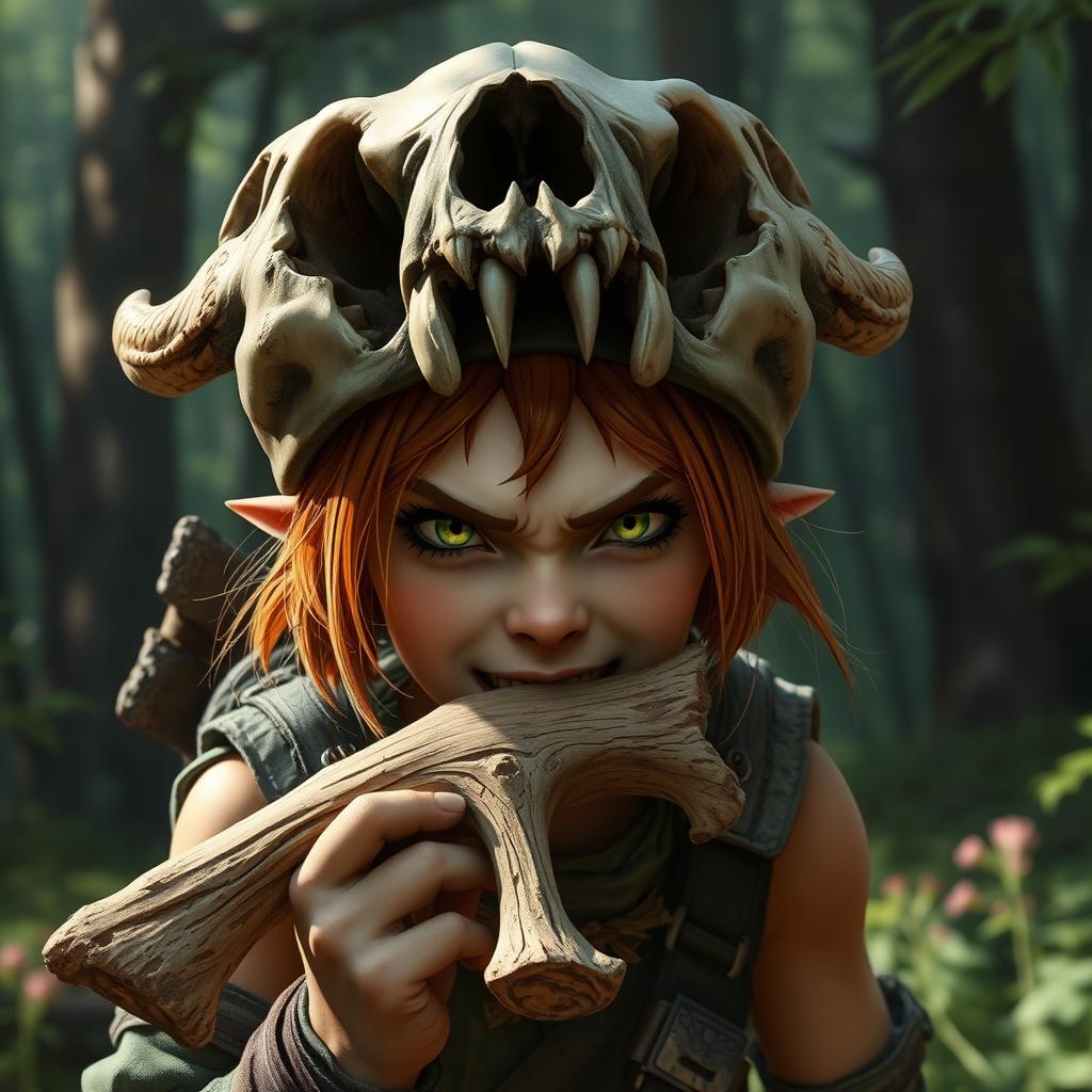 A fierce female feral brown-headed halfling with striking green eyes, dressed as a ranger