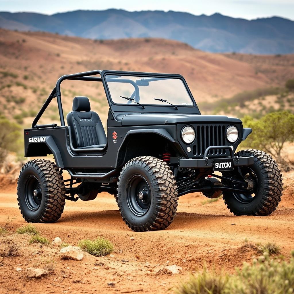 A rugged Suzuki SJ 410 off-road vehicle in matte black finish, showcasing a high chassis and large balloon tires, without a roof