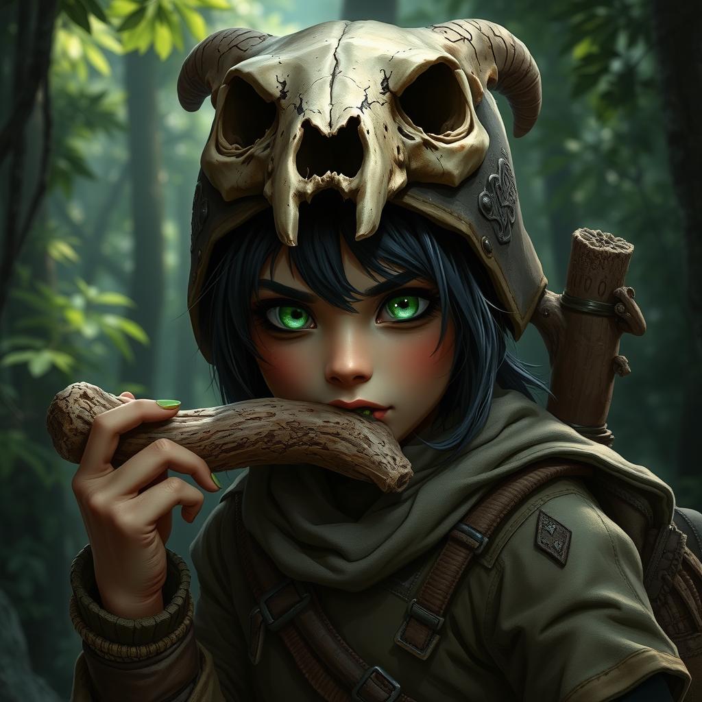 A female feral black-headed halfling ranger with vibrant green eyes, showcasing an adventurous spirit