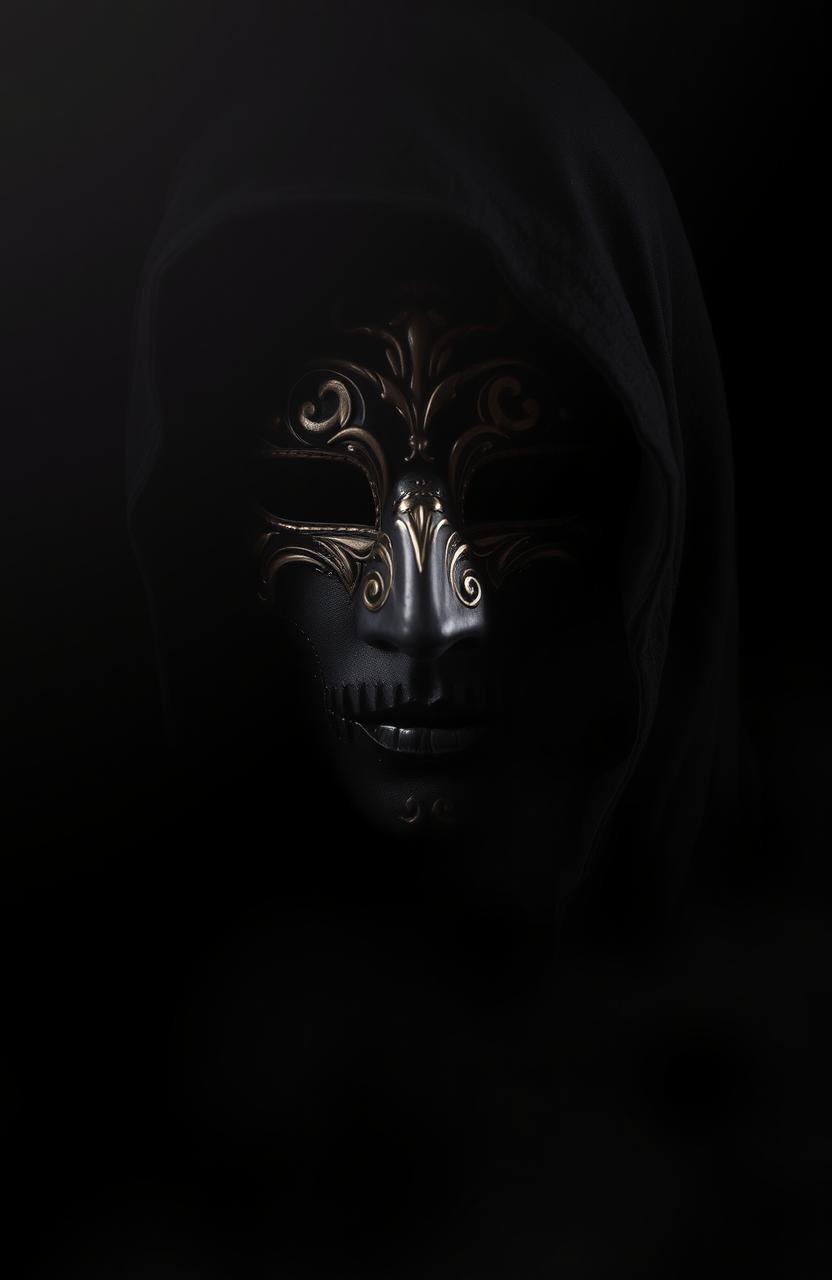 A dramatic image featuring a mysterious figure wearing an elaborate mask